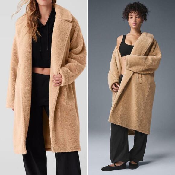 ALO YOGA Oversized Sherpa Trench in Camel sz Medium Teddy Coat Kendall Jenner - Picture 3 of 14